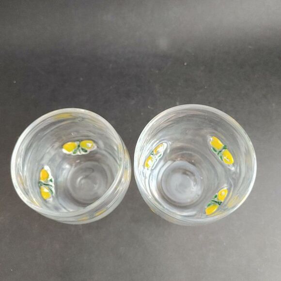 Pair Hand Blown Art Glass Tumbler Glasses Votives Fused Yellow Green Butterflies - Picture 3 of 6